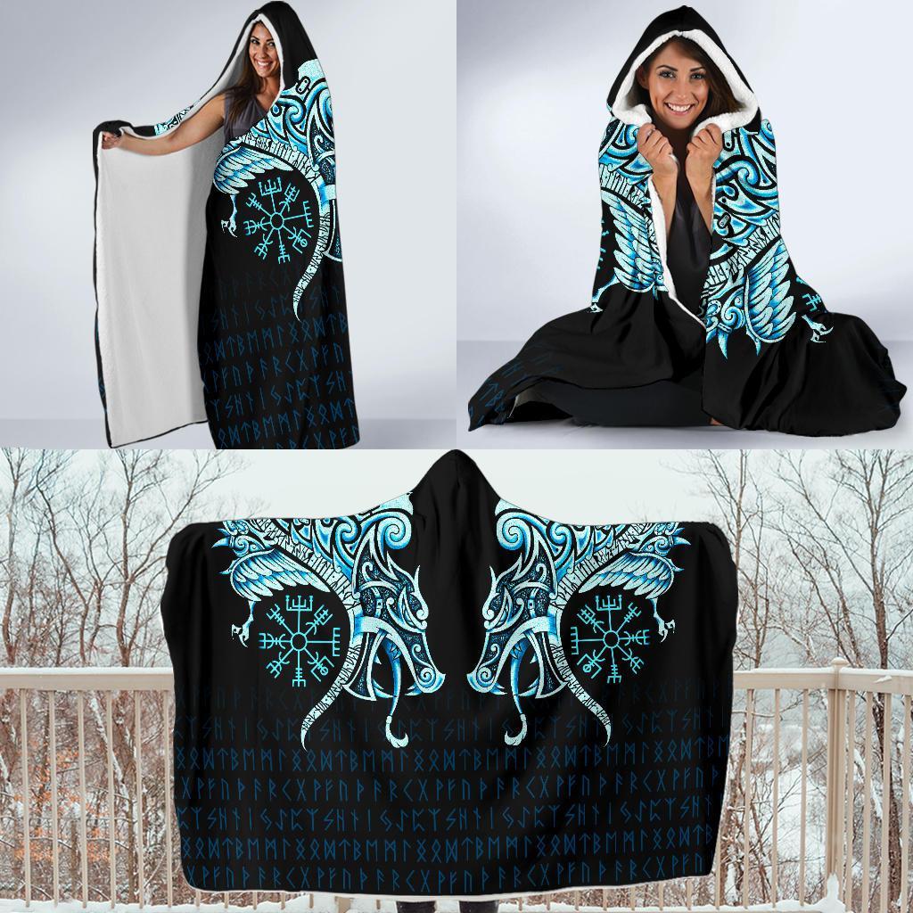 Viking Style Economy Hooded Blanket, Fenrir Raven And Vegvisir Tattoo Cyan
