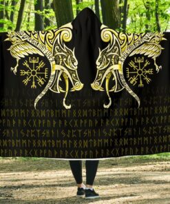 Viking Style Economy Hooded Blanket, Fenrir Raven And Vegvisir Tattoo Yellow