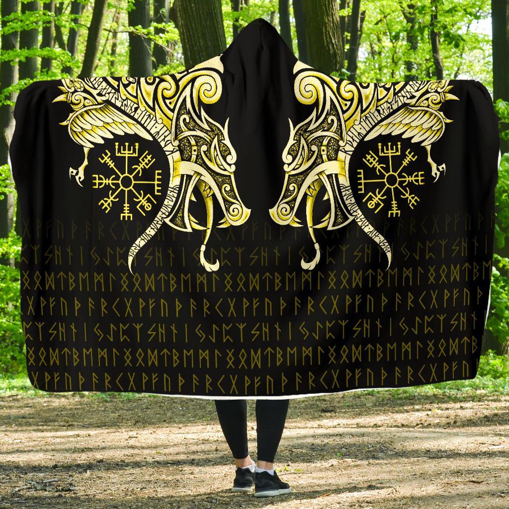 Viking Style Economy Hooded Blanket, Fenrir Raven And Vegvisir Tattoo Yellow