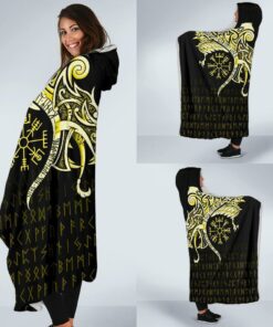 Viking Style Economy Hooded Blanket, Fenrir Raven And Vegvisir Tattoo Yellow