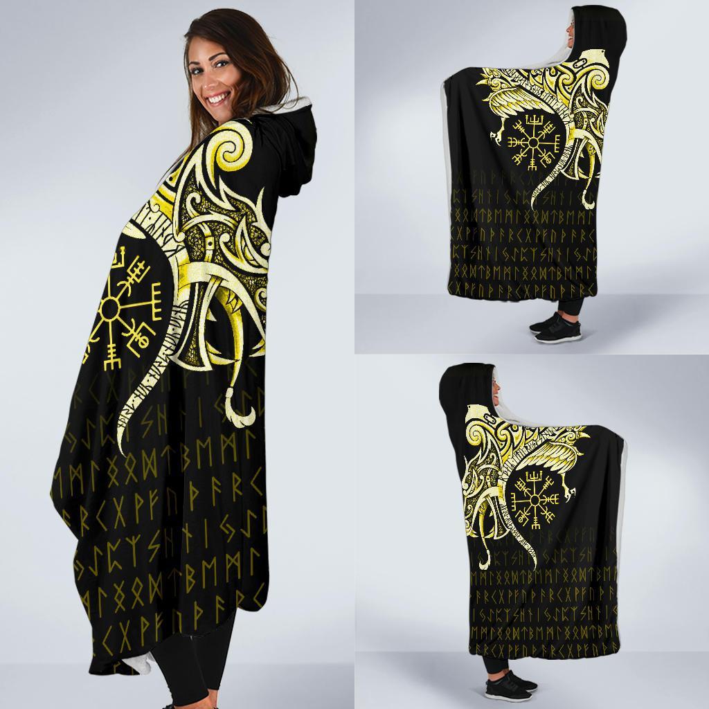 Viking Style Economy Hooded Blanket, Fenrir Raven And Vegvisir Tattoo Yellow