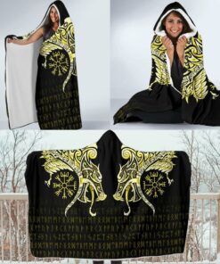 Viking Style Economy Hooded Blanket, Fenrir Raven And Vegvisir Tattoo Yellow