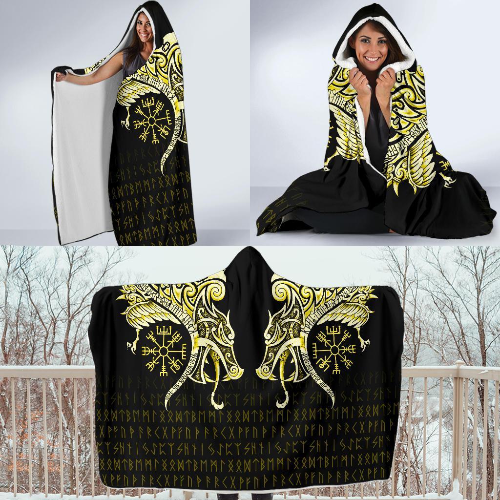 Viking Style Economy Hooded Blanket, Fenrir Raven And Vegvisir Tattoo Yellow