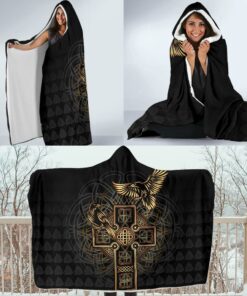 Viking Style Economy Hooded Blanket, Odin's Celtic Raven Tattoo