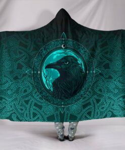 Viking Style Hooded Blanket, Ethnic Odin Raven Cyan