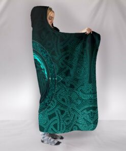 Viking Style Hooded Blanket, Ethnic Odin Raven Cyan