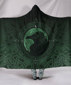 Viking Style Hooded Blanket, Ethnic Odin Raven Green