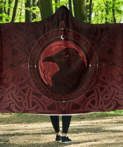 Viking Style Hooded Blanket, Ethnic Odin Raven Red