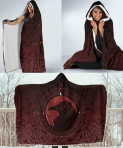Viking Style Hooded Blanket, Ethnic Odin Raven Red