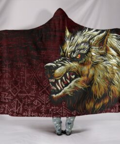 Viking Style Hooded Blanket, Fenrir On The Blood Moon Background