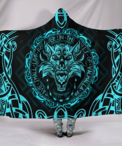 Viking Style Hooded Blanket , Fenrir Viking Cyan 3D