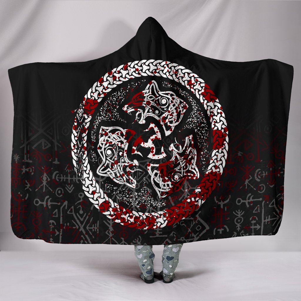 Viking Style Hooded Blanket, Fierce Blood Wolf Symbol Of Viking Nordic