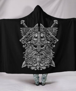 Viking Style Hooded Blanket Norse God Odin Wolfs Swords