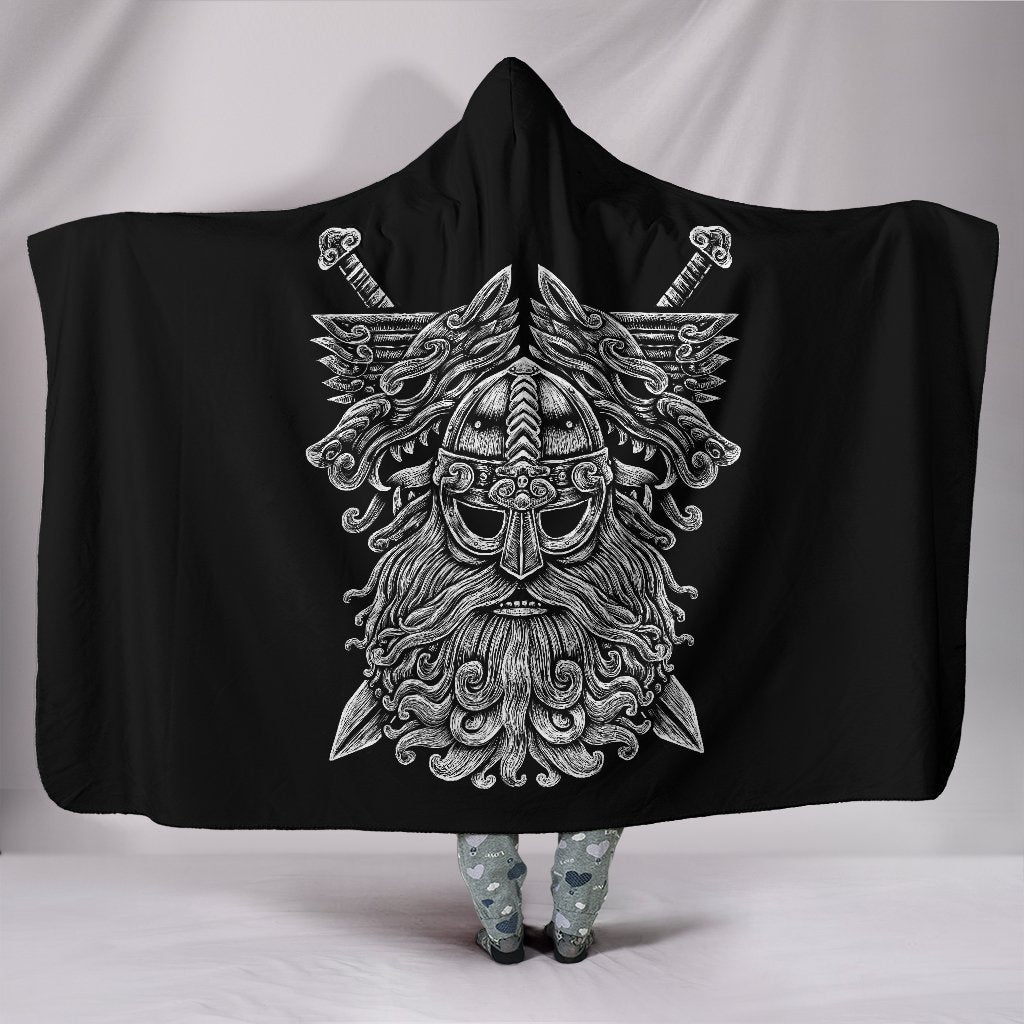 Viking Style Hooded Blanket Norse God Odin Wolfs Swords