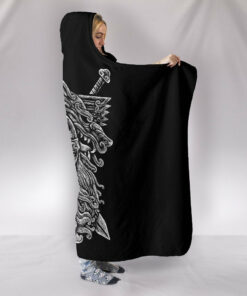 Viking Style Hooded Blanket Norse God Odin Wolfs Swords