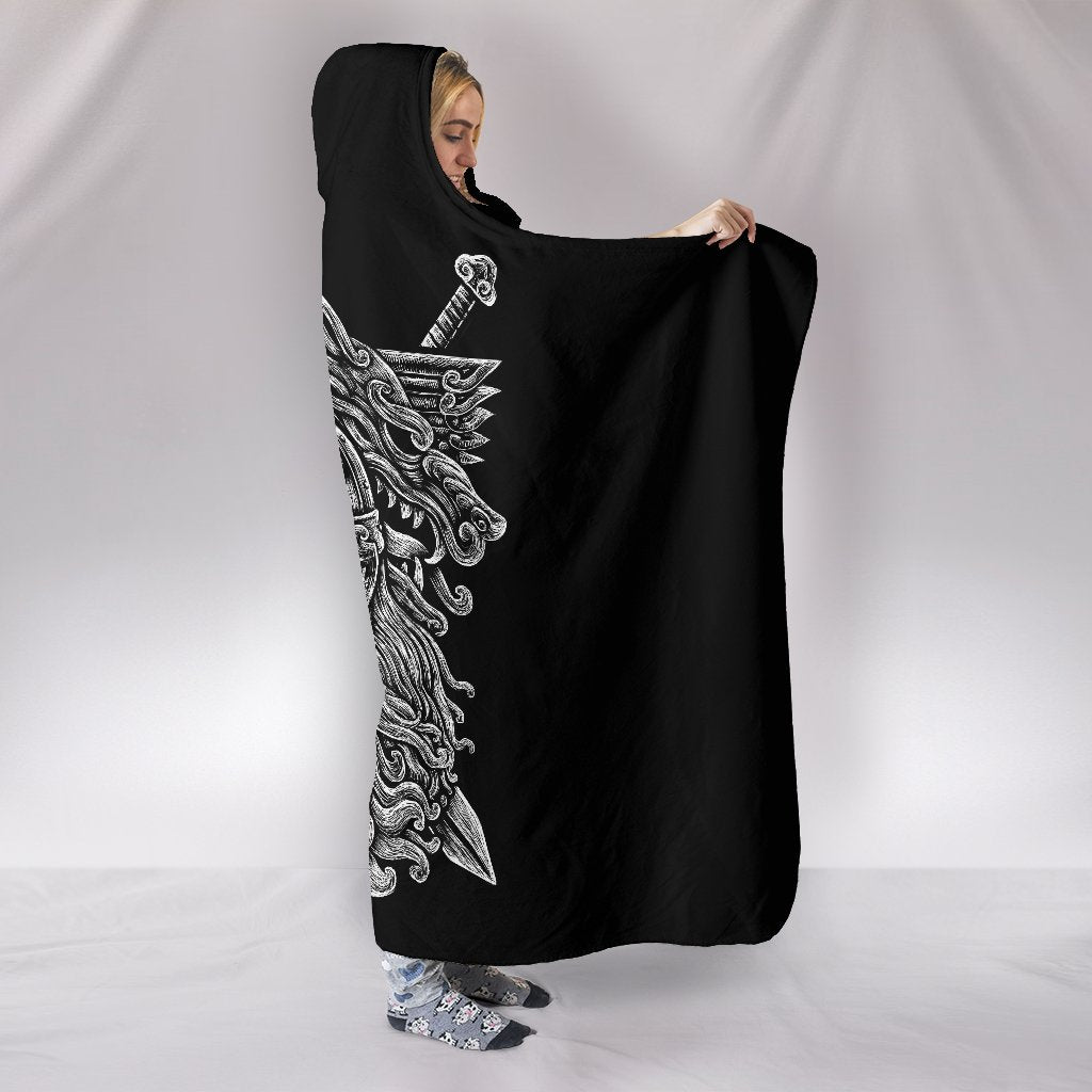 Viking Style Hooded Blanket Norse God Odin Wolfs Swords
