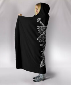Viking Style Hooded Blanket Norse God Odin Wolfs Swords