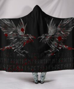 Viking Style Hooded Blanket, Odin Huginn and Muninn Rune Blood