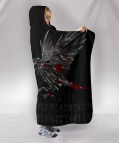 Viking Style Hooded Blanket, Odin Huginn and Muninn Rune Blood