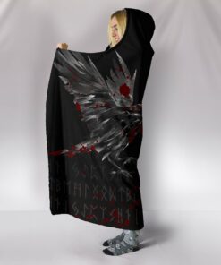 Viking Style Hooded Blanket, Odin Huginn and Muninn Rune Blood