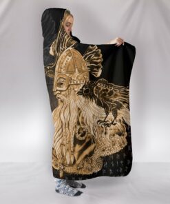 Viking Style Hooded Blanket, Odin Raven Viking Gold