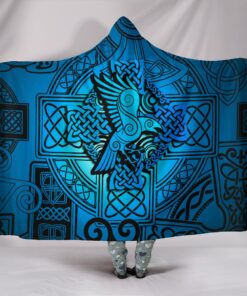 Viking Style Hooded Blanket, Raven Odin Celtic Cyan