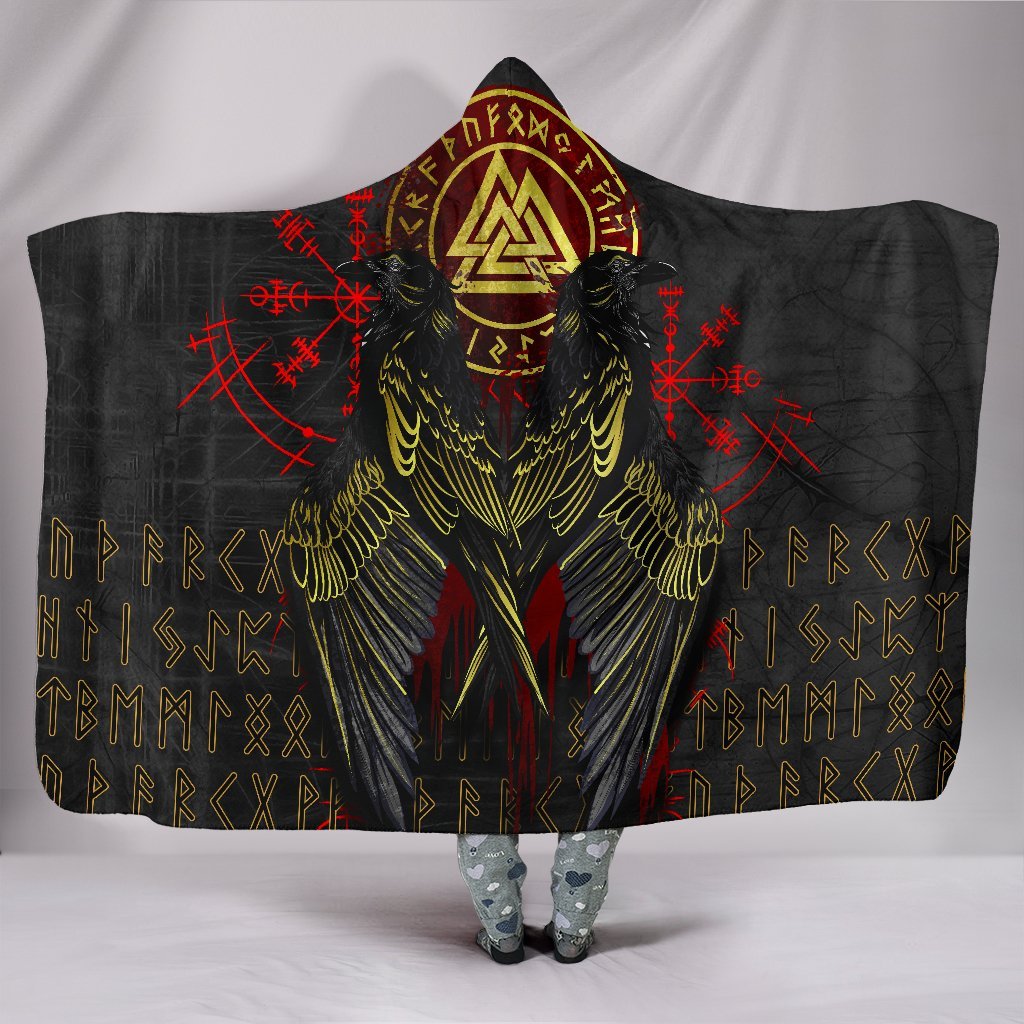 Viking Style Hooded Blanket, Vikings Valknut and Ravens Tattoo