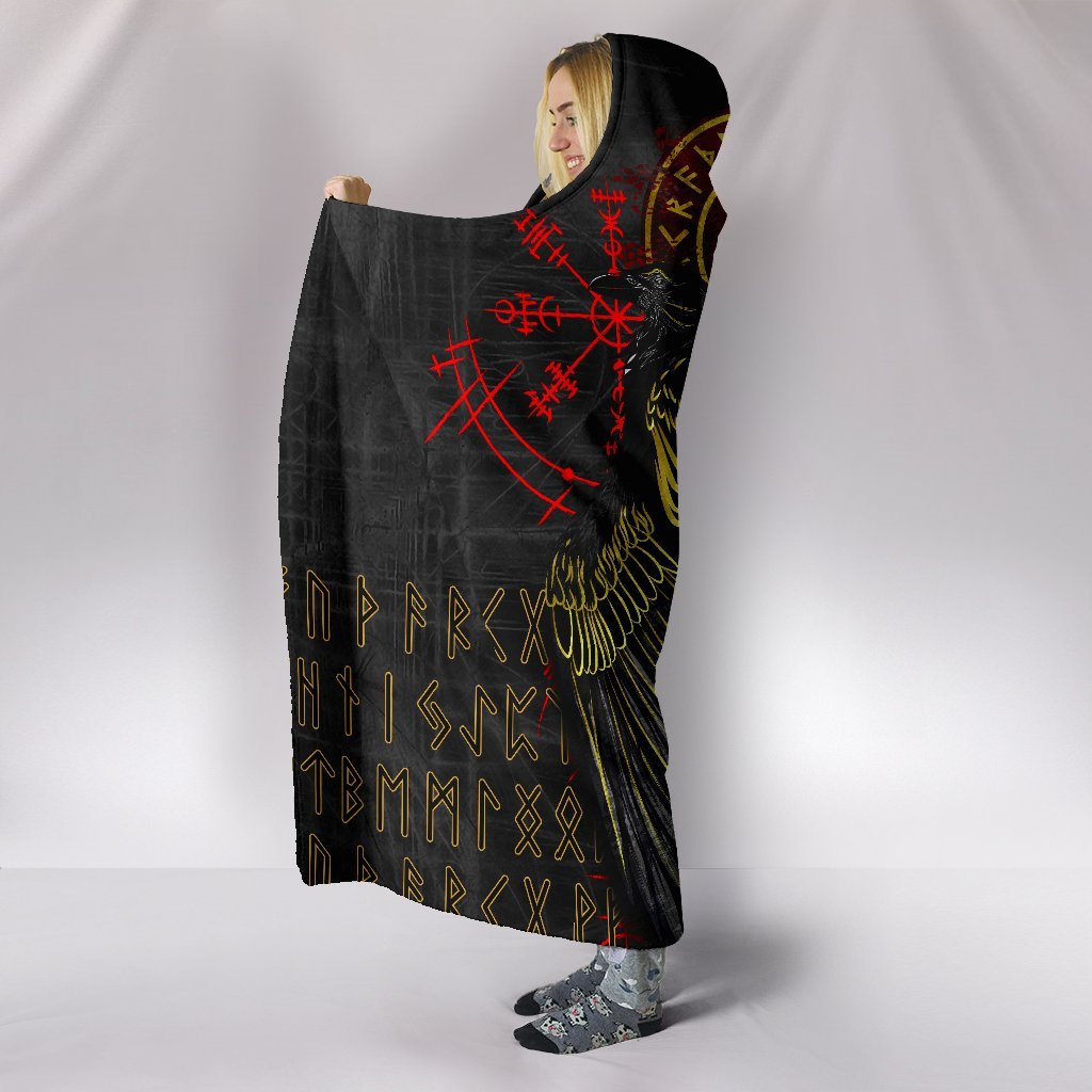 Viking Style Hooded Blanket, Vikings Valknut and Ravens Tattoo