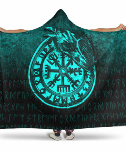 Viking Vegvisir Rune with Crow Cyan Version Hooded Blanket