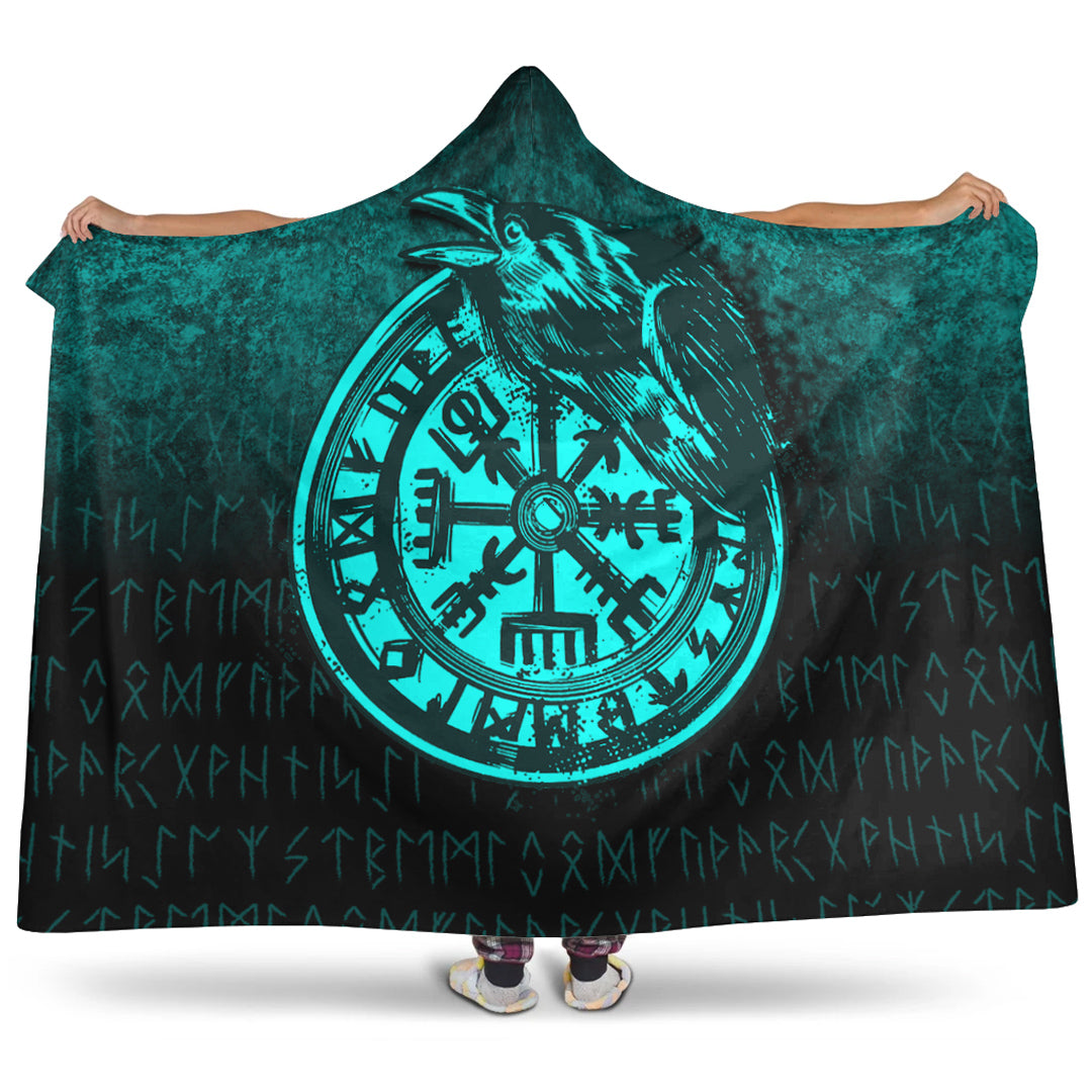 Viking Vegvisir Rune with Crow Cyan Version Hooded Blanket