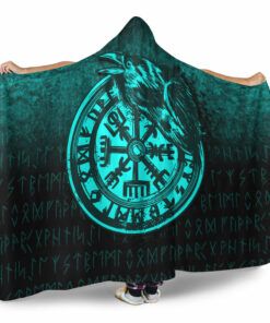 Viking Vegvisir Rune with Crow Cyan Version Hooded Blanket