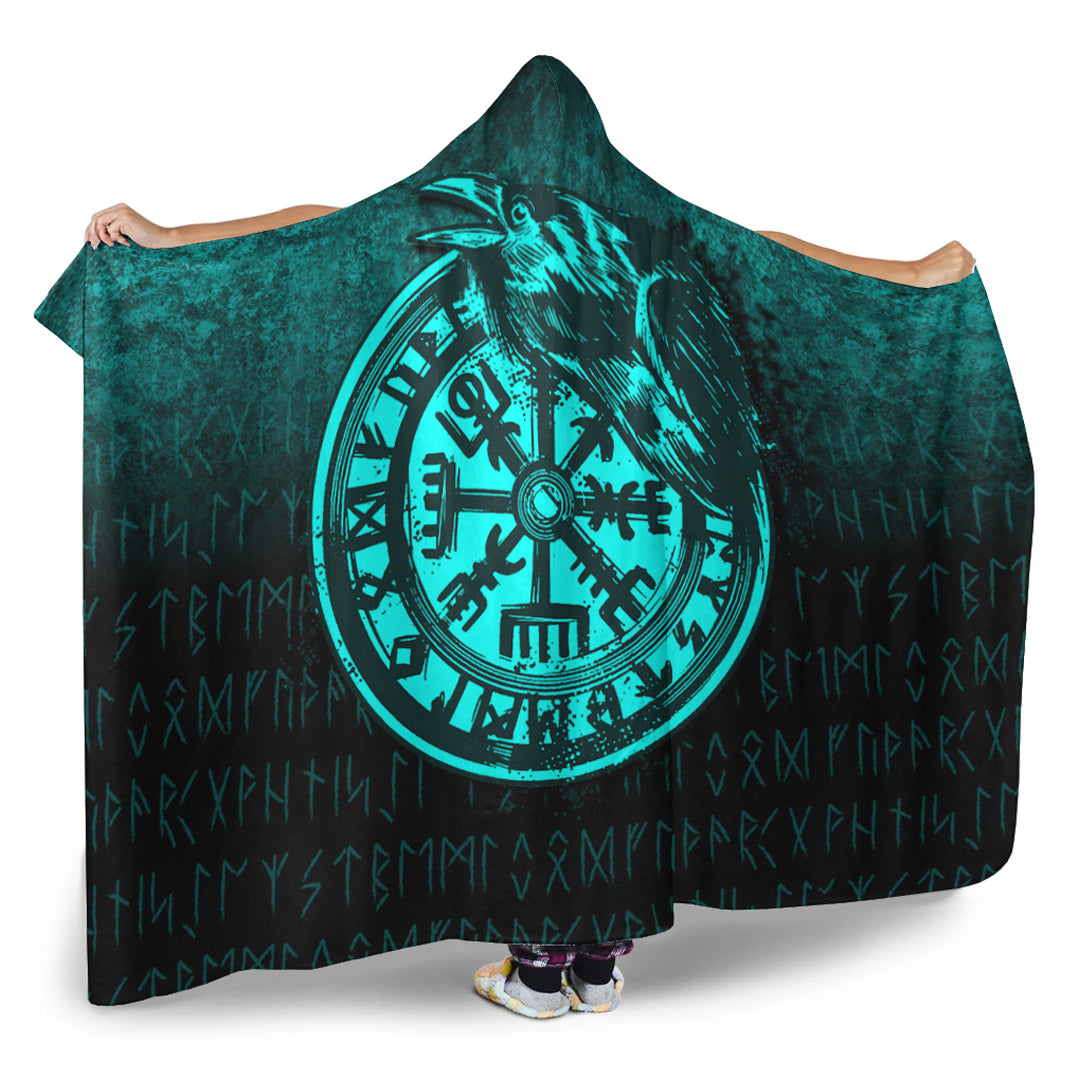 Viking Vegvisir Rune with Crow Cyan Version Hooded Blanket