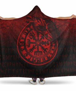 Viking Vegvisir Rune with Crow Red Version Hooded Blanket