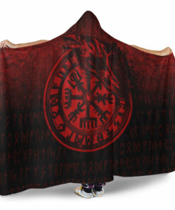 Viking Vegvisir Rune with Crow Red Version Hooded Blanket