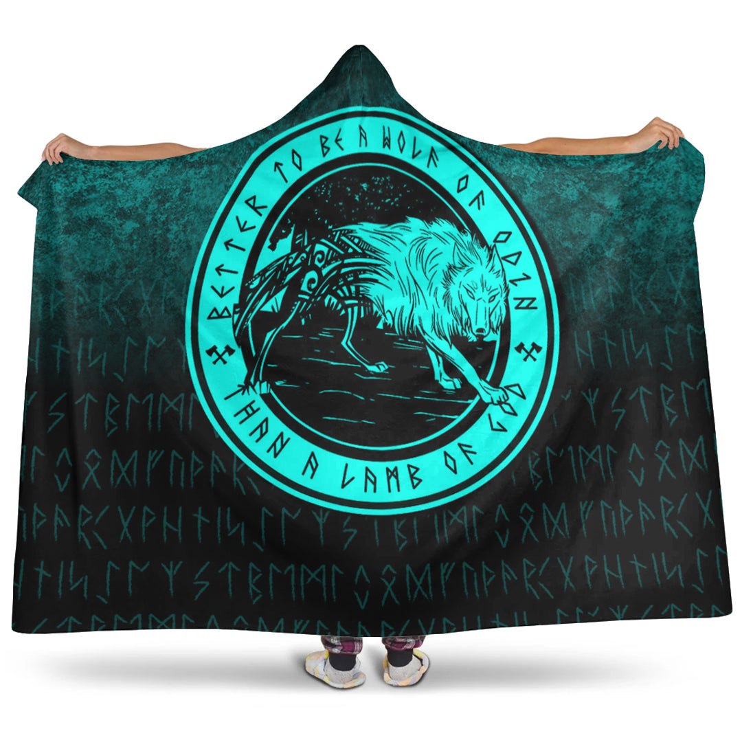 Viking Wolf Of Odin Cyan Version Hooded Blanket