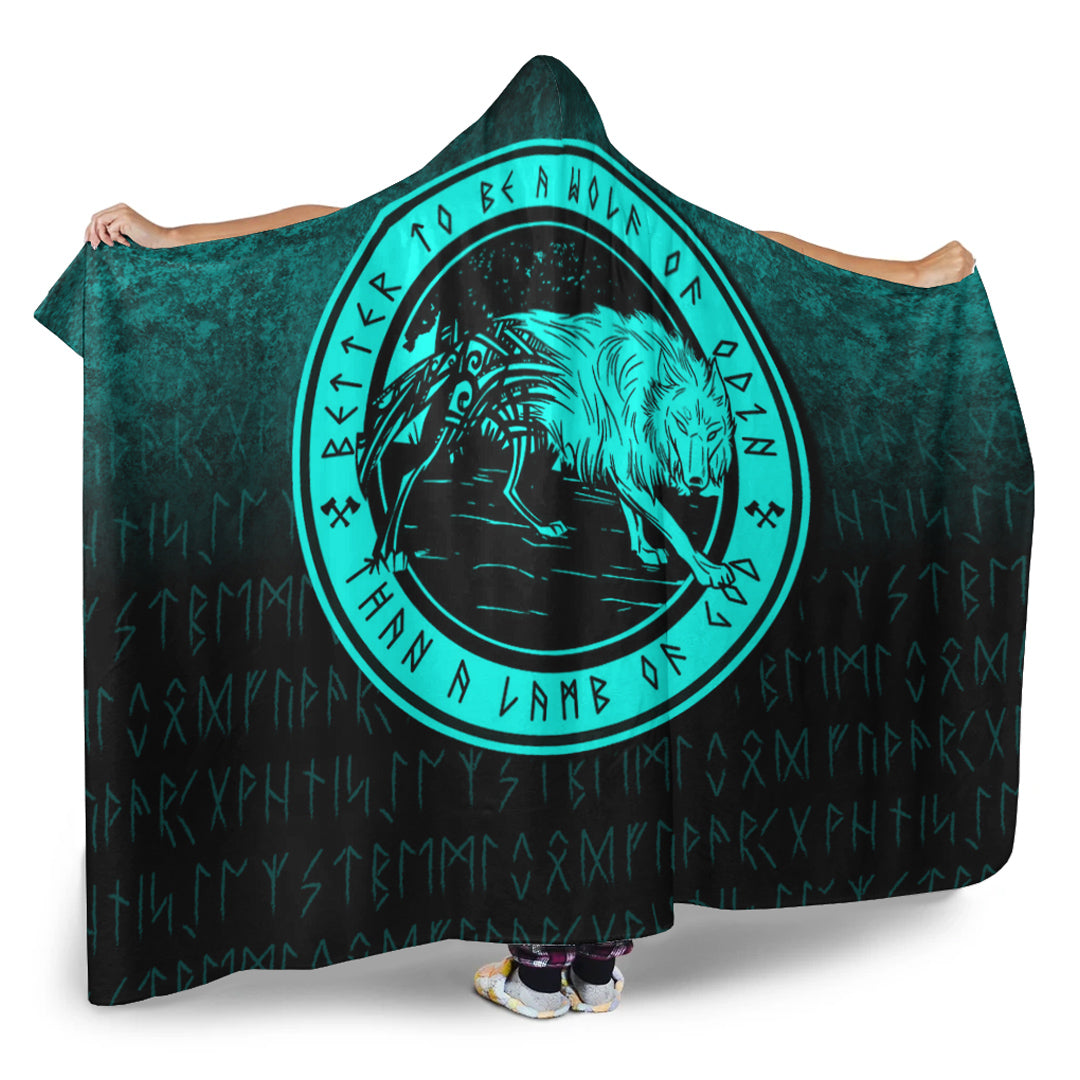 Viking Wolf Of Odin Cyan Version Hooded Blanket