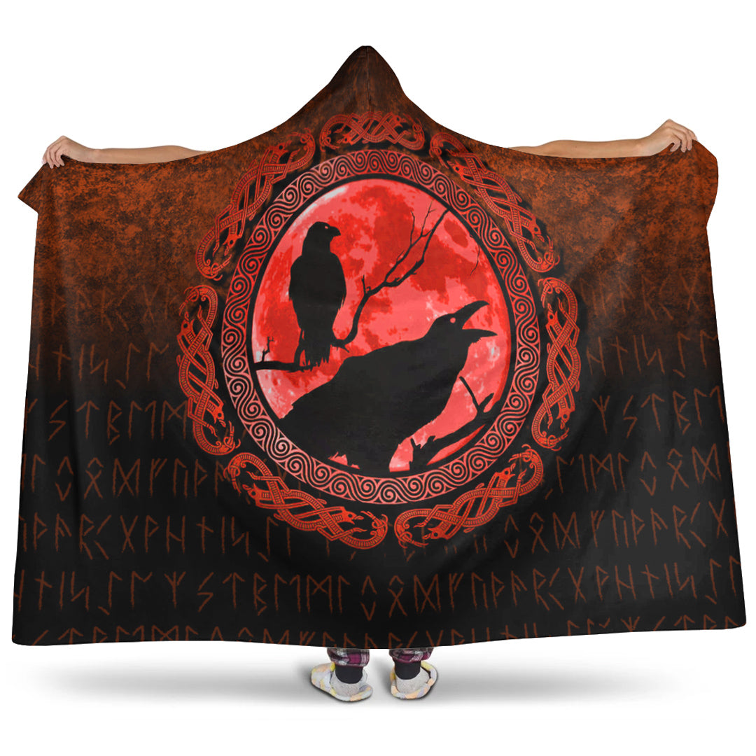 Vikings Huginn Muninn Odin’s Ravens Red Version Hooded Blanket