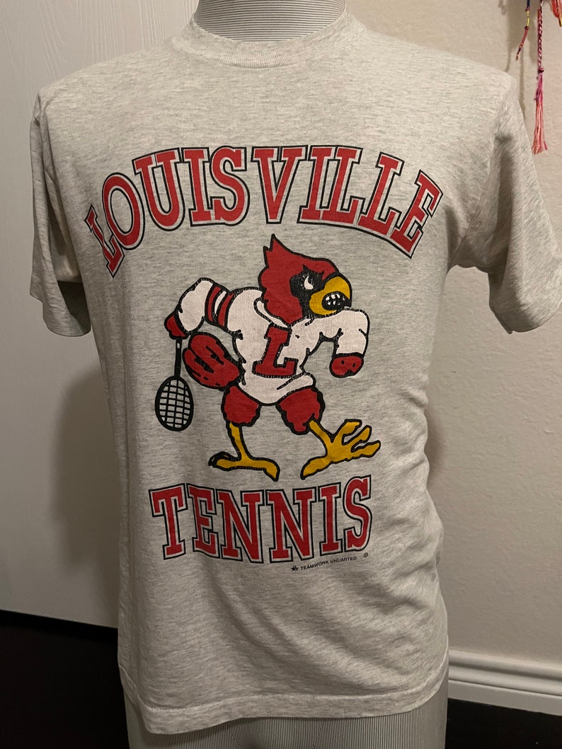 Vintage 80's Louisville Cardinals Tennis T Shirt University Football Fan Shirt Gifts for NCAA Fans