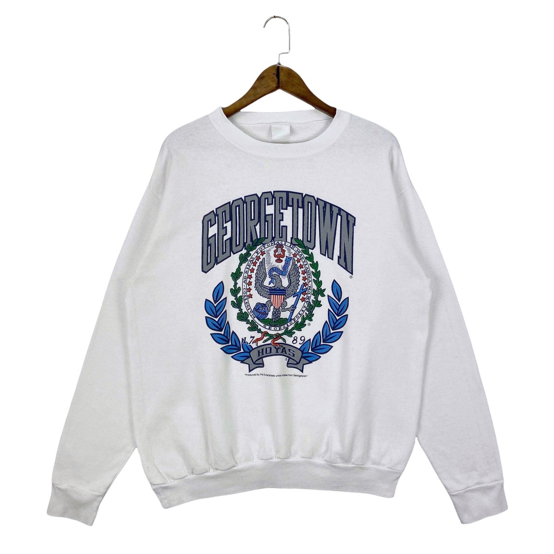 Vintage 90s Georgetown University Hoyas Sweatshirt Crewneck Made In USA White Big Logo Pullover Jumper