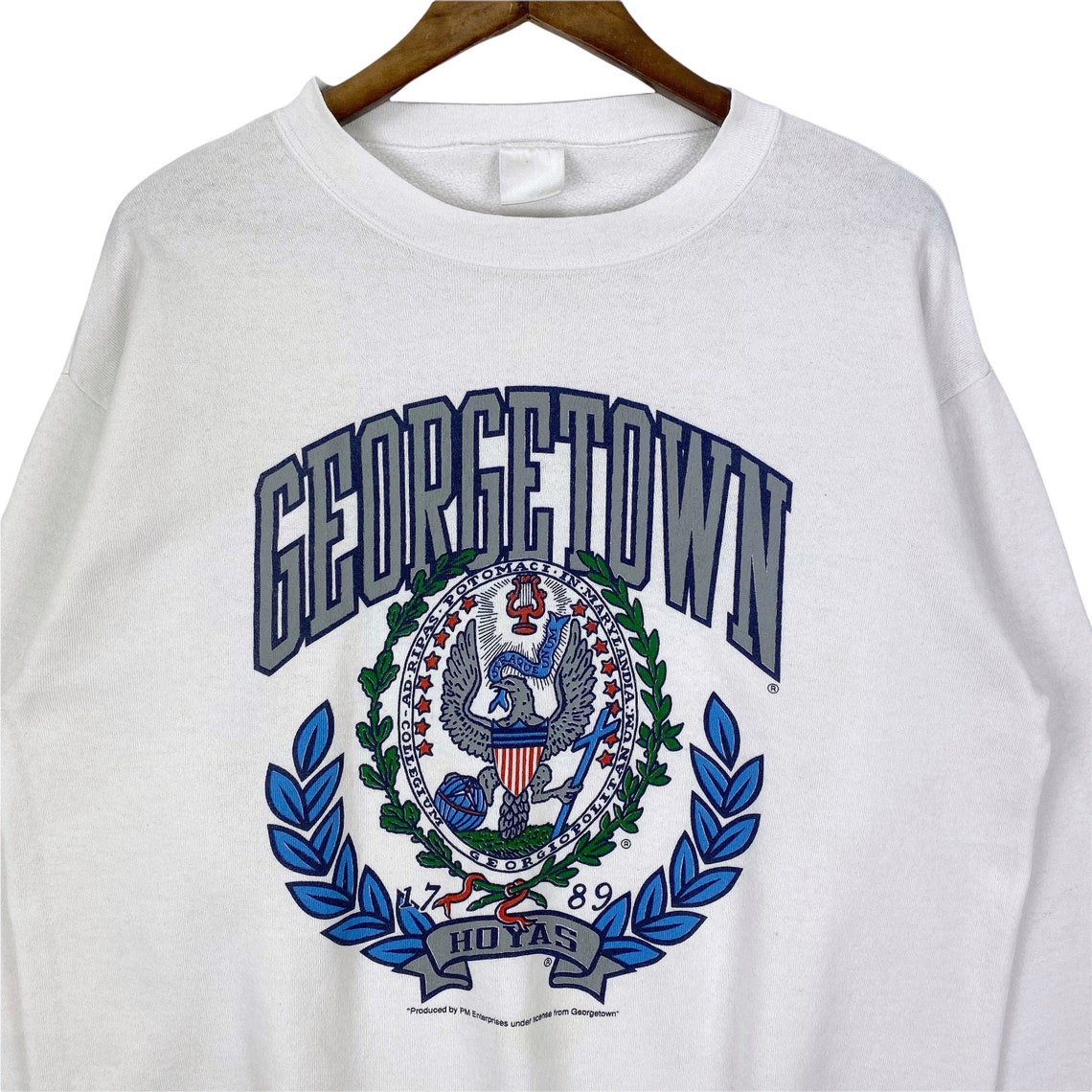 Vintage 90s Georgetown University Hoyas Sweatshirt Crewneck Made In USA White Big Logo Pullover Jumper