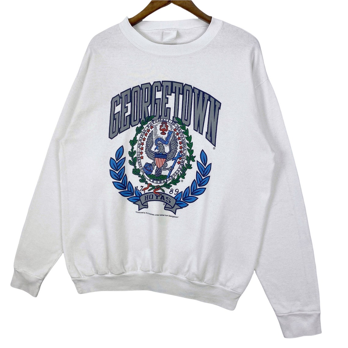 Vintage 90s Georgetown University Hoyas Sweatshirt Crewneck Made In USA White Big Logo Pullover Jumper
