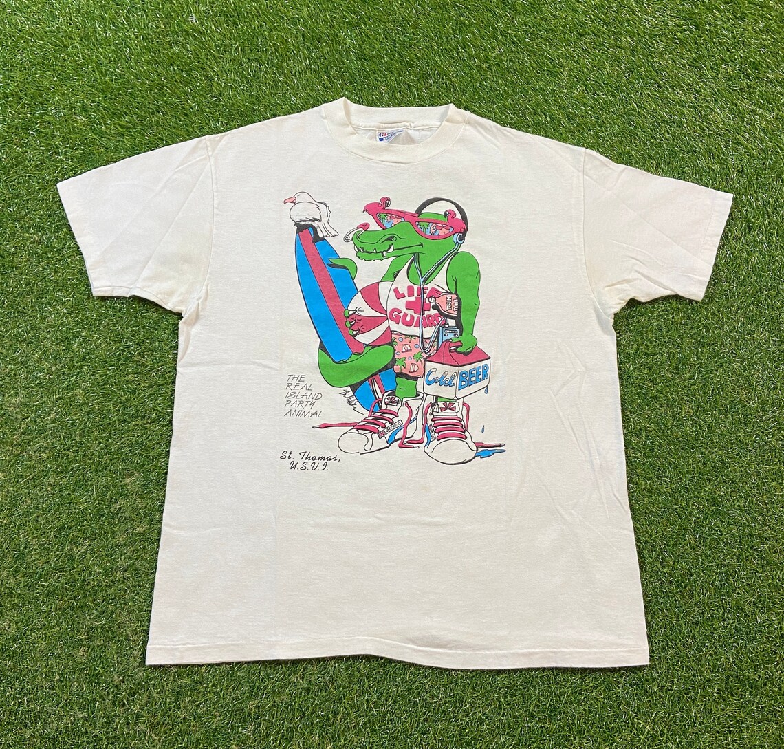 Vintage St Thomas T Shirt Tee Hanes Made USA Beach Virgin Islands Caribbean Sea 1990s 90s Gator Funny Puff Print Uf