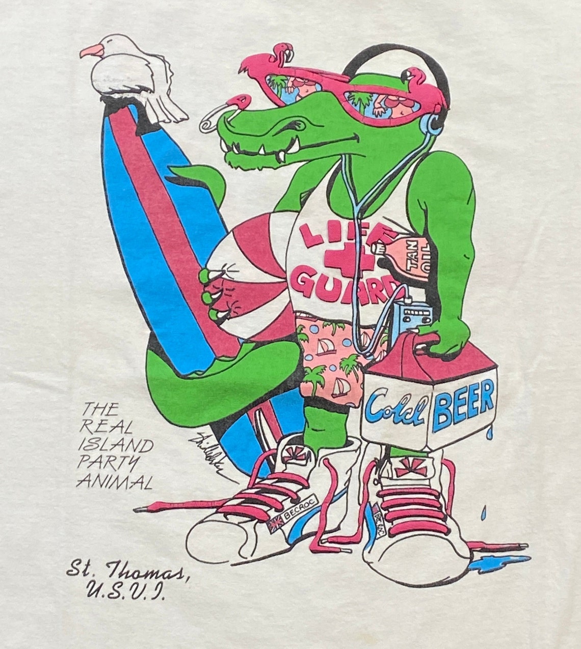Vintage St Thomas T Shirt Tee Hanes Made USA Beach Virgin Islands Caribbean Sea 1990s 90s Gator Funny Puff Print Uf