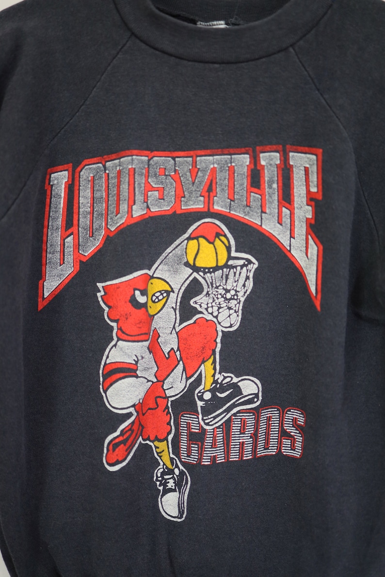 Vintage University of Louisville Sweatshirt - Dusty Faded Black Raglan Graphic - 80s Sweatshirts