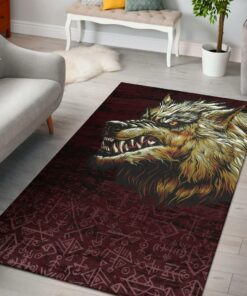 Viking Style Area Rug - Fenrir On The Moon Background Viking Area Rug