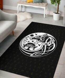 Skoll And Hati Rune Tattoo Viking Area Rug, Viking Rug for Living Room