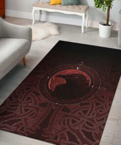 Viking Style Area Rug, Ethnic Odin Raven Red Viking Area Rug