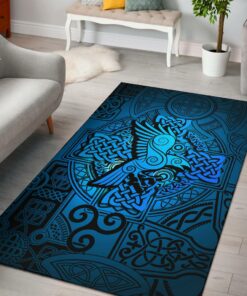 Viking Style Area Rug - Raven Odin Celtic Cyan Viking Area Rug