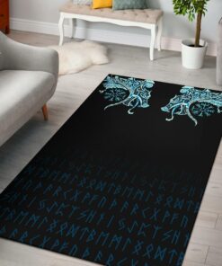 Fenrir Raven And Vegvisir Tattoo Cyan Viking Area Rug