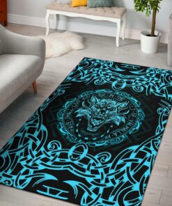Viking Style Area Rug - Rune Fenrir Viking Cyan D Viking Area Rug